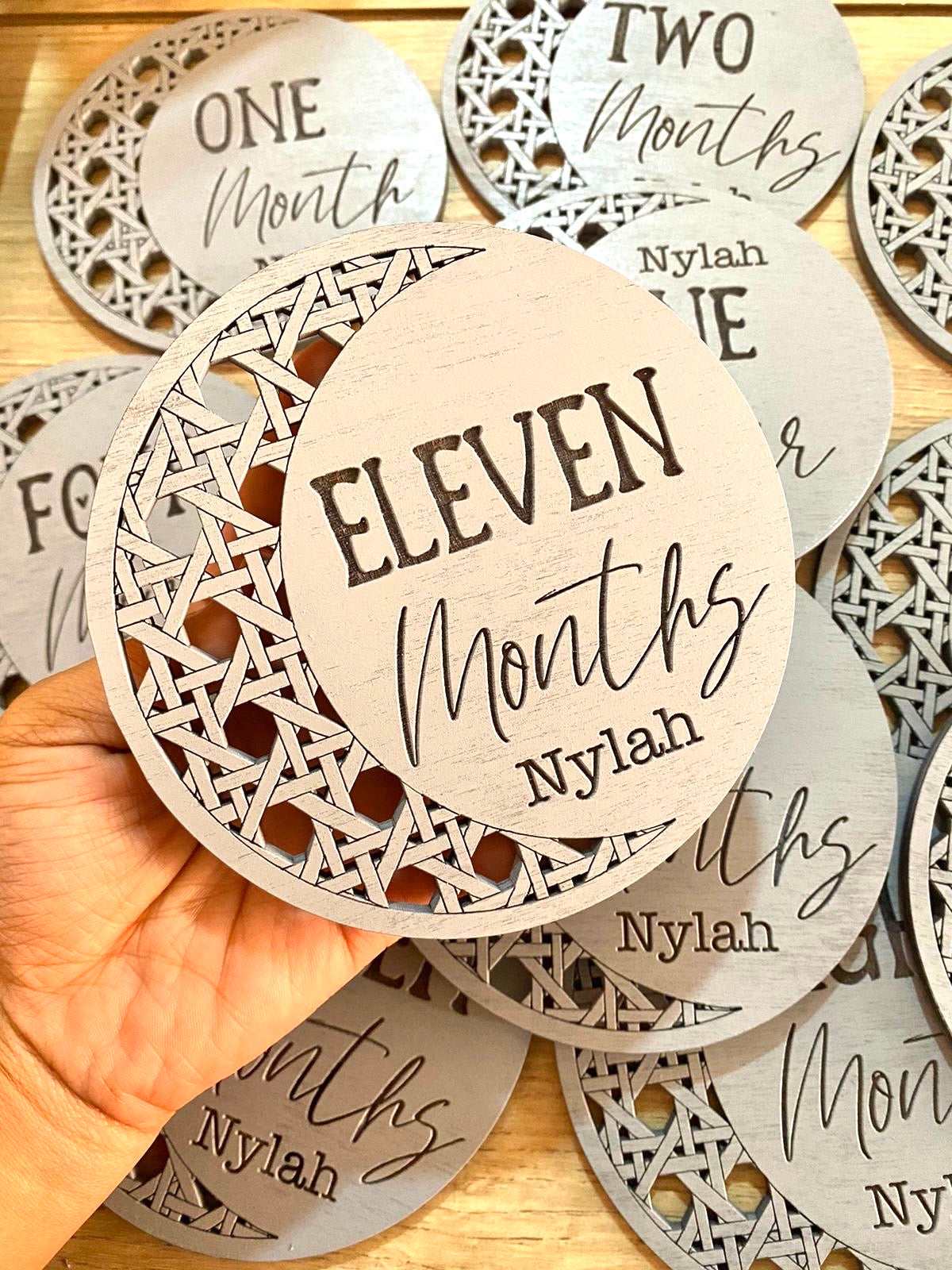 Wooden born tags for baby months Girl Boy