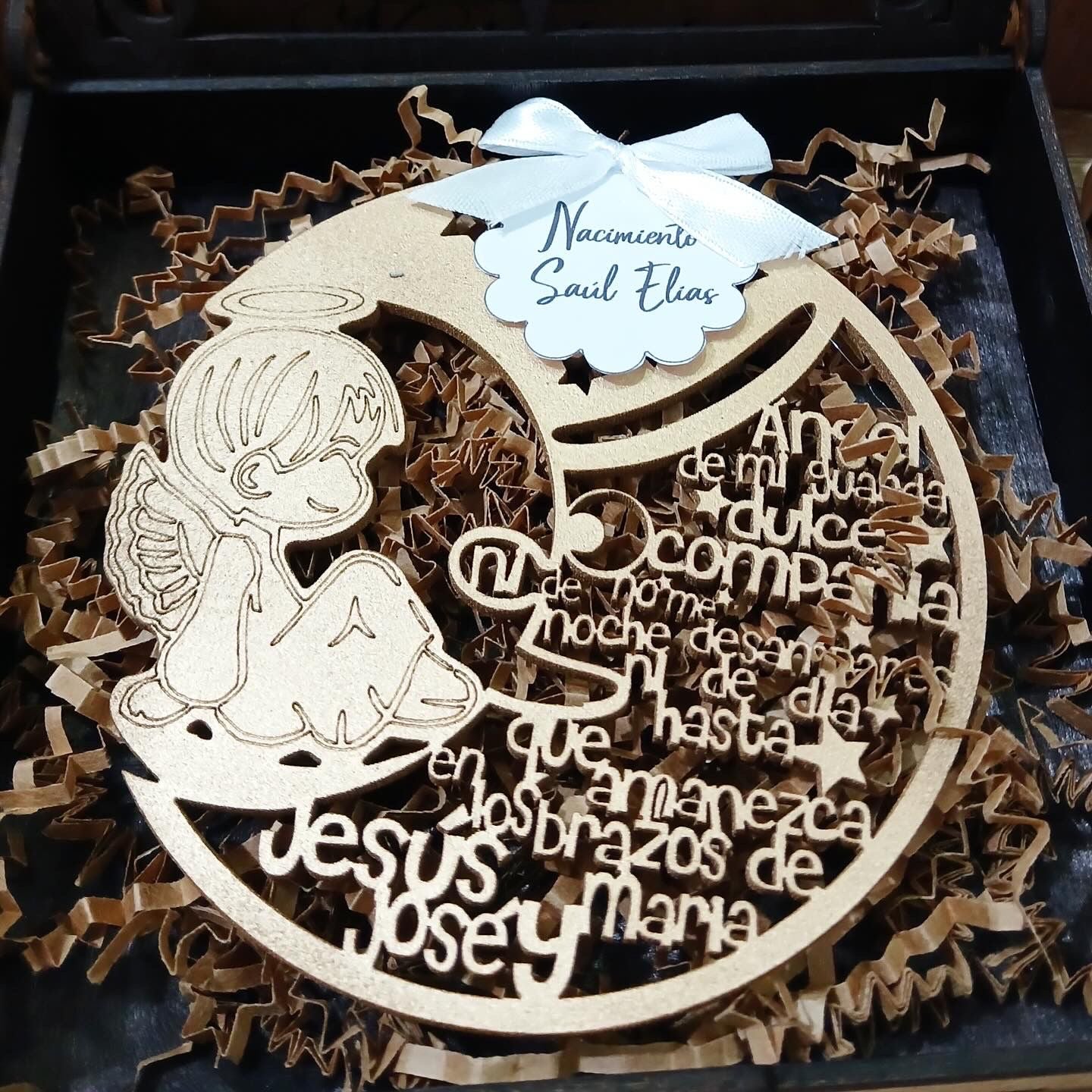 Souvenir con ángel y mensaje personalizado para regalo de bautizo