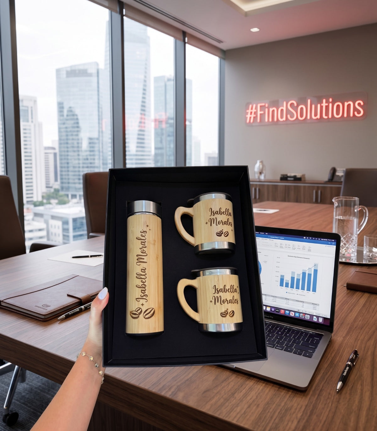 Set de Café en Bambú Personalizado — Termo y 2 Tazas con Grabado Láser