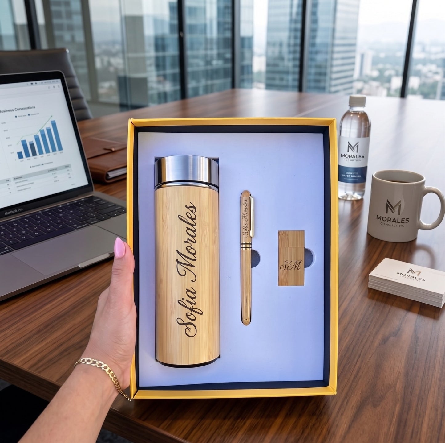 Set Ejecutivo de Bambú 3 Piezas Personalizado — Termo, Bolígrafo y USB