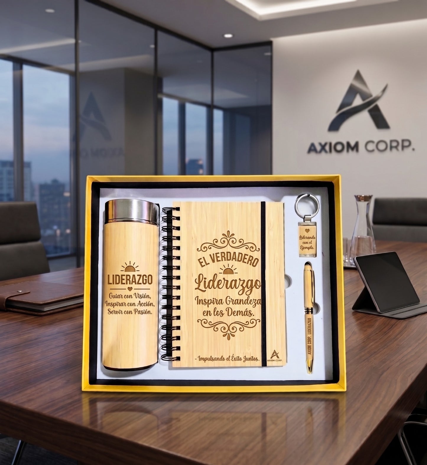 Set Liderazgo en Bambú Personalizado — 4 Piezas con Mensaje y Logo
