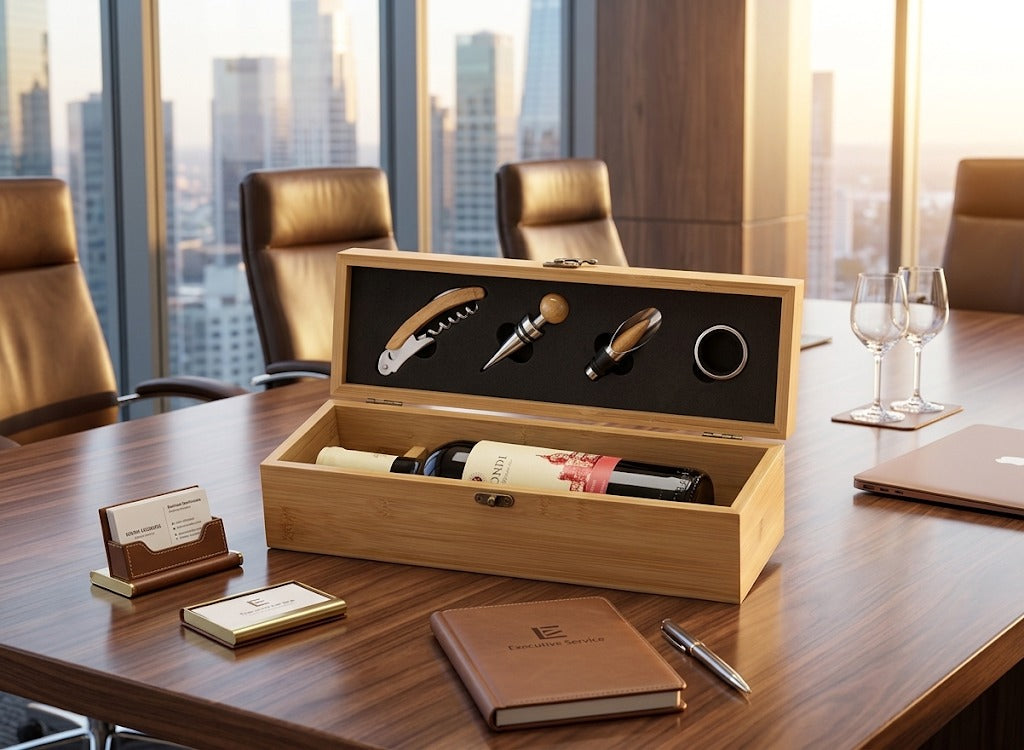 Caja Vinera de Bambú Personalizada con Set de Accesorios — 4 Piezas