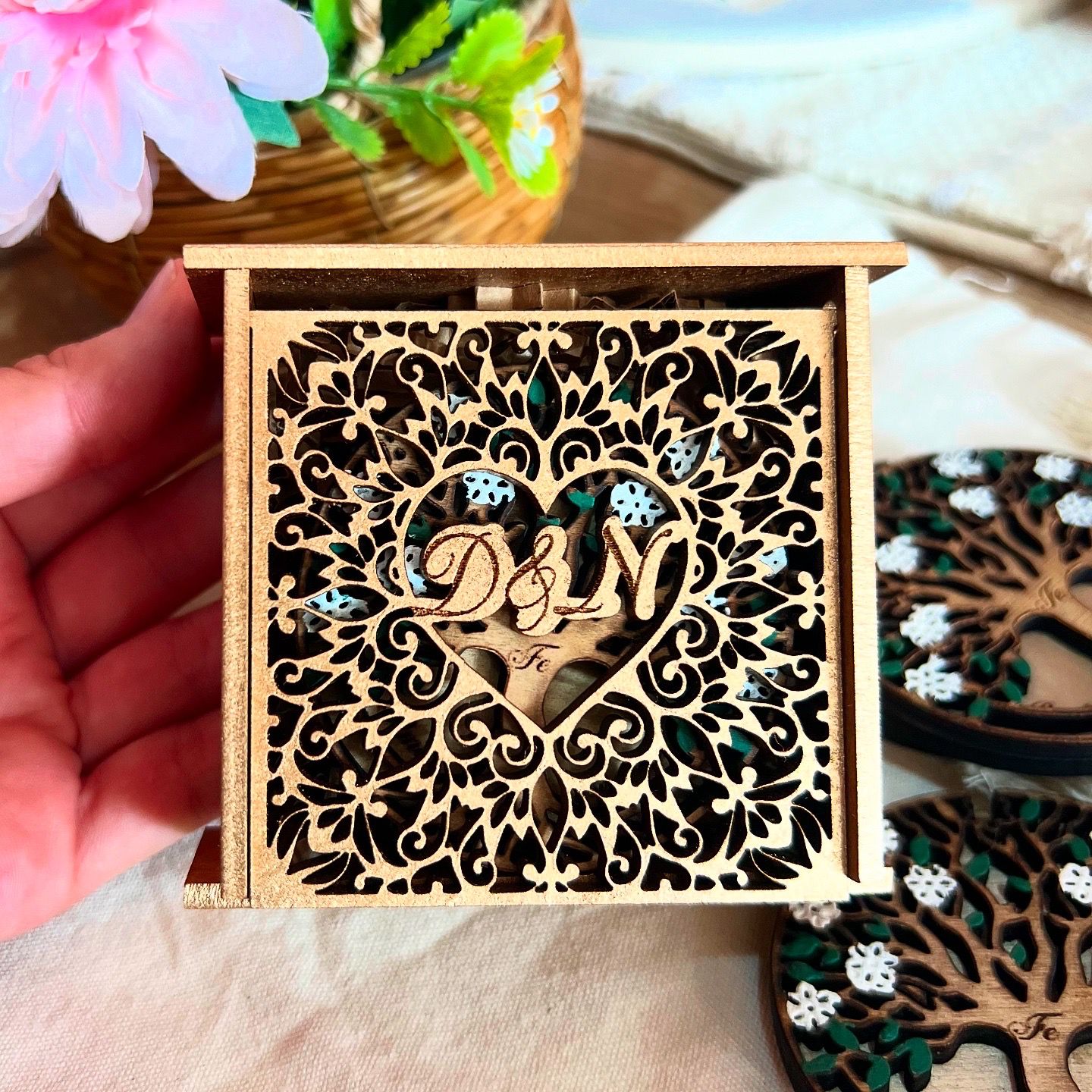 bodas souvenir caja en madera