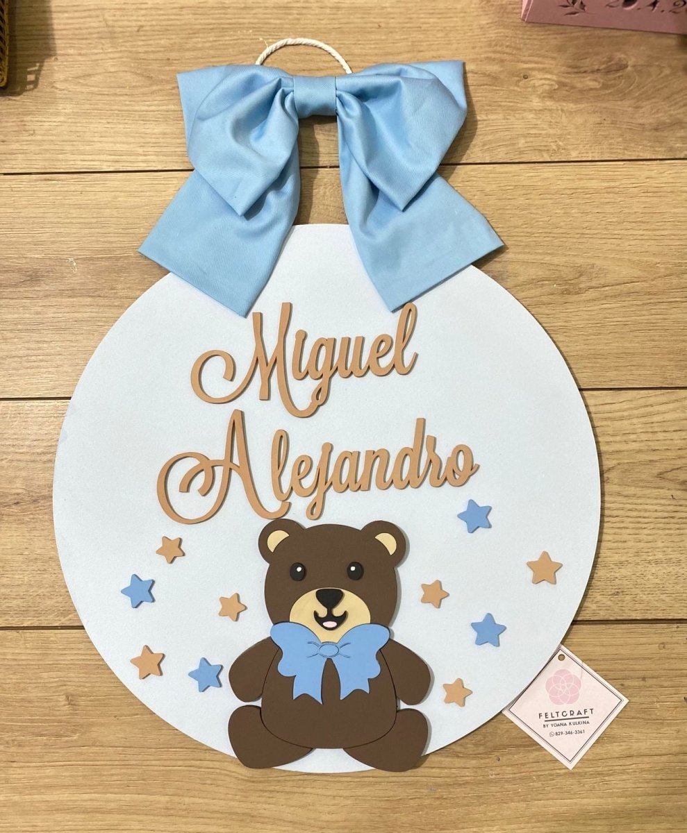 Safari nursery decor Blue Bow Bear Baby Boy Above Crib hanger - Felt Craft RD
