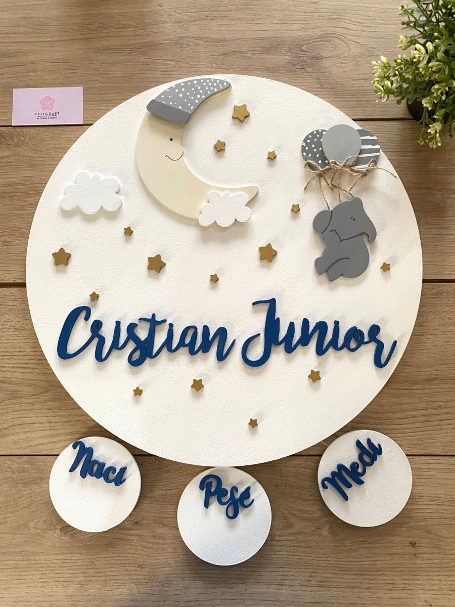 Safari nursery decor Moon and Elephant in the balloons Baby Girl Wall Hanging - Felt Craft RD