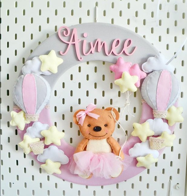 Safari nursery decor Rose mini Bear in feltro Baby Girl Wall Hanging - Felt Craft RD