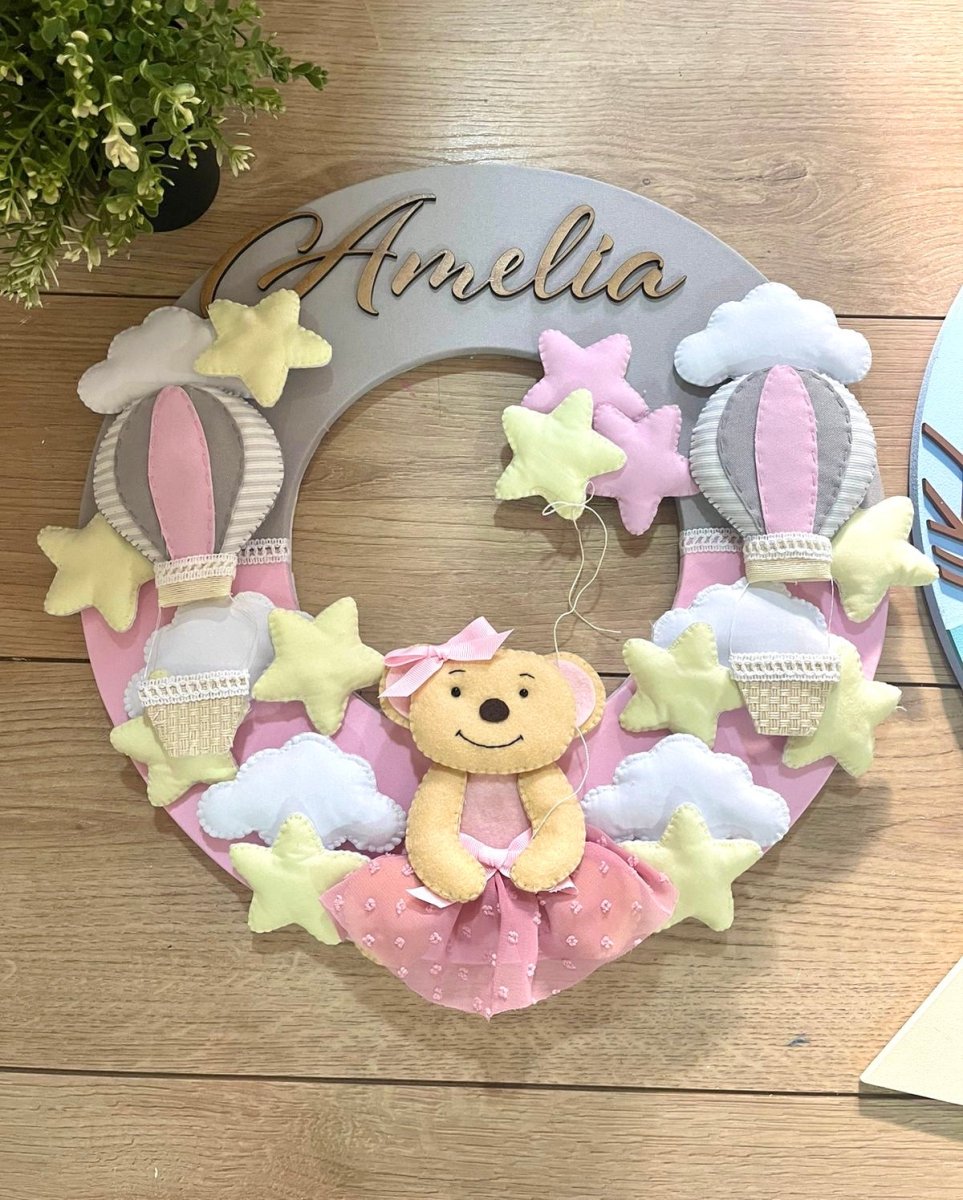 Safari nursery decor Rose mini Bear in feltro Baby Girl Wall Hanging - Felt Craft RD