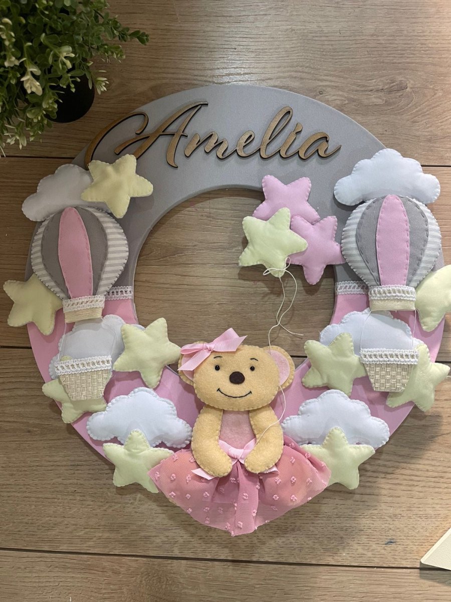 Safari nursery decor Rose mini Bear in feltro Baby Girl Wall Hanging - Felt Craft RD