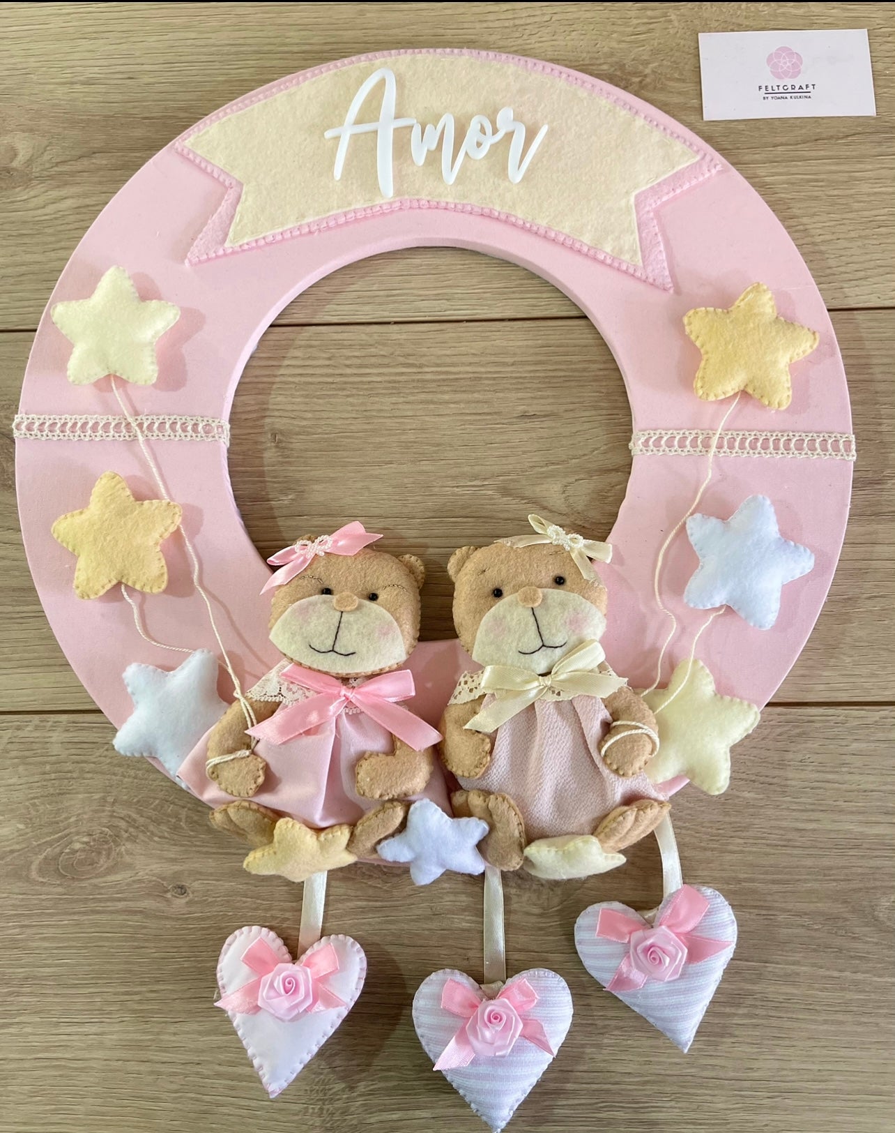 Twins Bear Wool Felt Baby Girl Wall Hanging