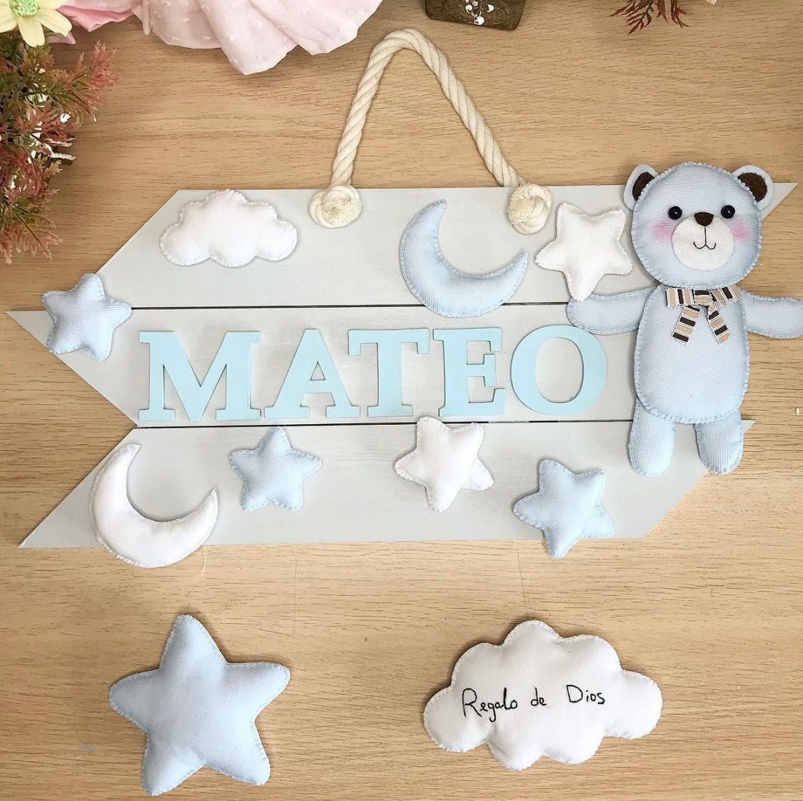 Safari nursery decor Blue Bear Baby Boy Wood Wall Hanging - Felt Craft RD