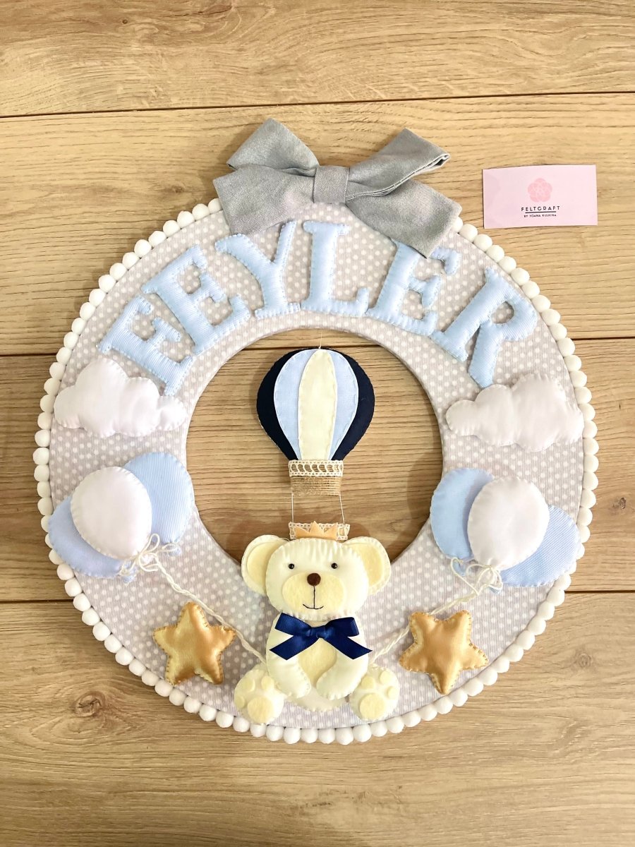 Safari nursery decor Mini Bear on Balloons Baby Boy Wall Hanging - Felt Craft RD