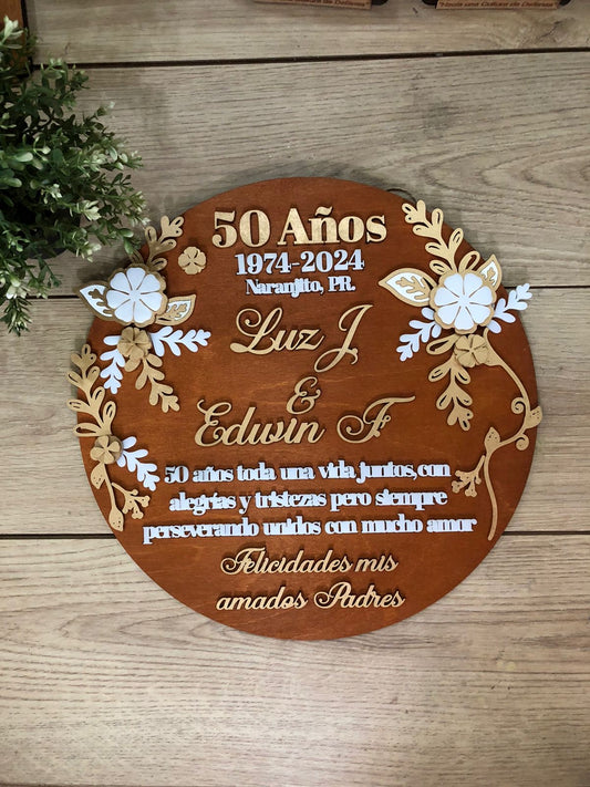 Letrero para regalo de aniversario de bodas personalizado de madera