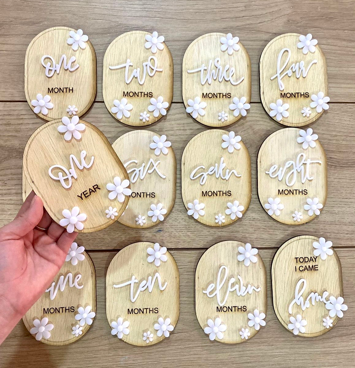 Mini flowers Tags for baby months Wood Acrylic Girl Boy