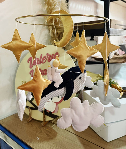 Gold stars whale baby crib mobile