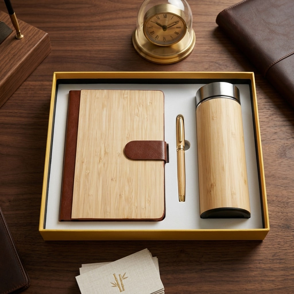 Set en bambu de termo lapicero y libreta