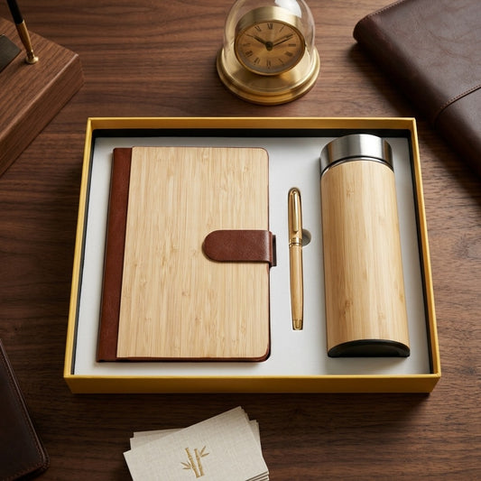 Set en bambu de termo lapicero y libreta