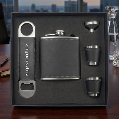 Set Petaca Whisky para Hombre: Petaca, 2 Vasos Shot, Destapador y Embudo