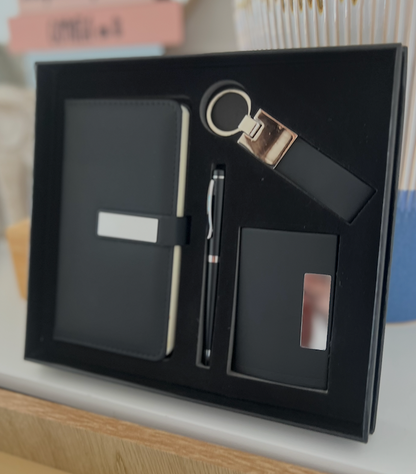 Set Ejecutivo Negro: Libreta Vertical, Bolígrafo, Llavero y Tarjetero