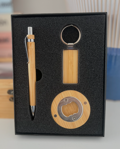 Set Bamboo Eco: Bolígrafo, Llavero y Destapador