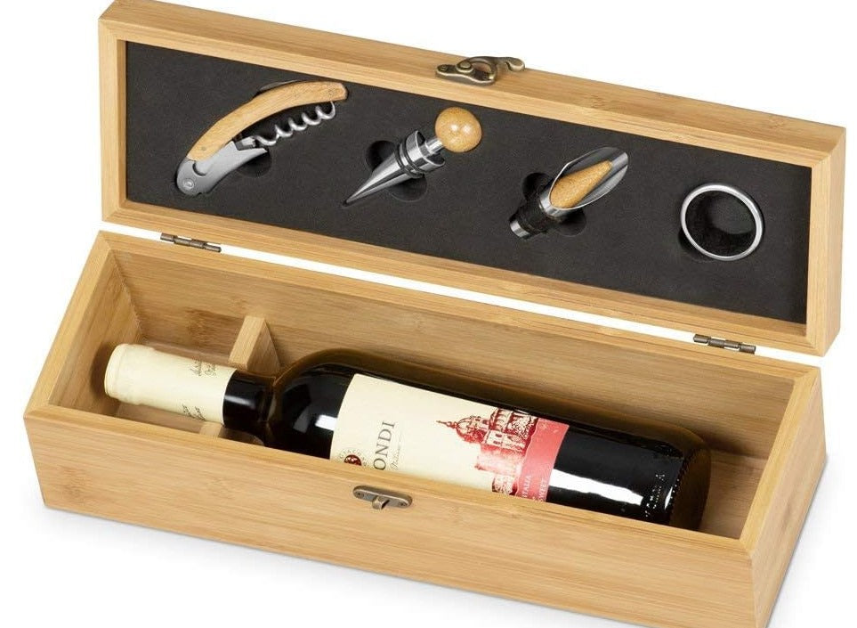 Caja Vinera de Bambú Personalizada con Set de Accesorios — 4 Piezas