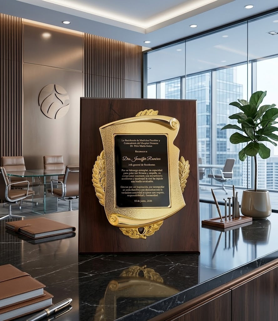 Placa de Reconocimiento en Madera con Pergamino Dorado Personalizada