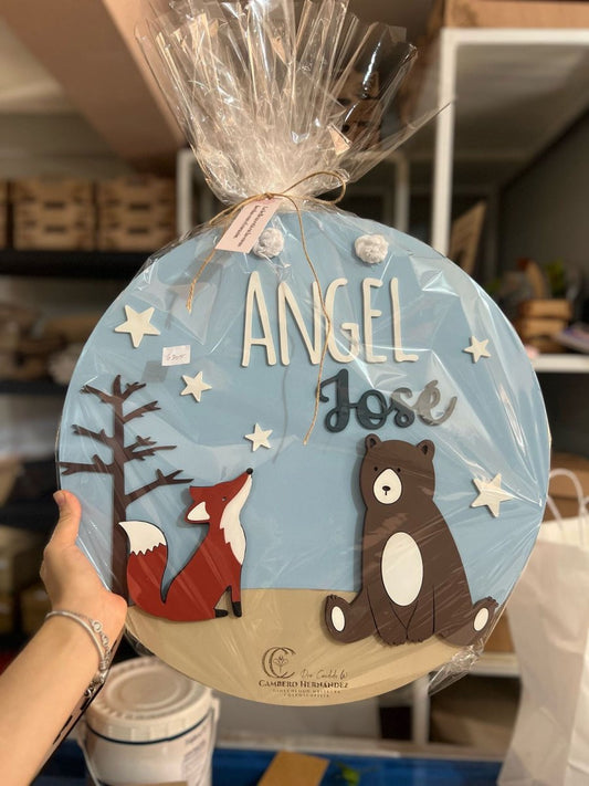 Baby shower colgante de puerta oso y zorro en madera - Felt Craft RD