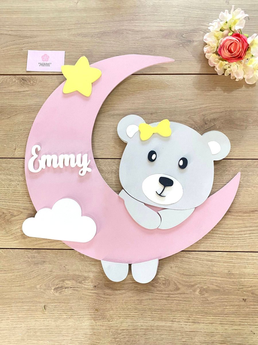 Bear moon Baby Girl Wall Hanging Nursery Decor - Felt Craft RD