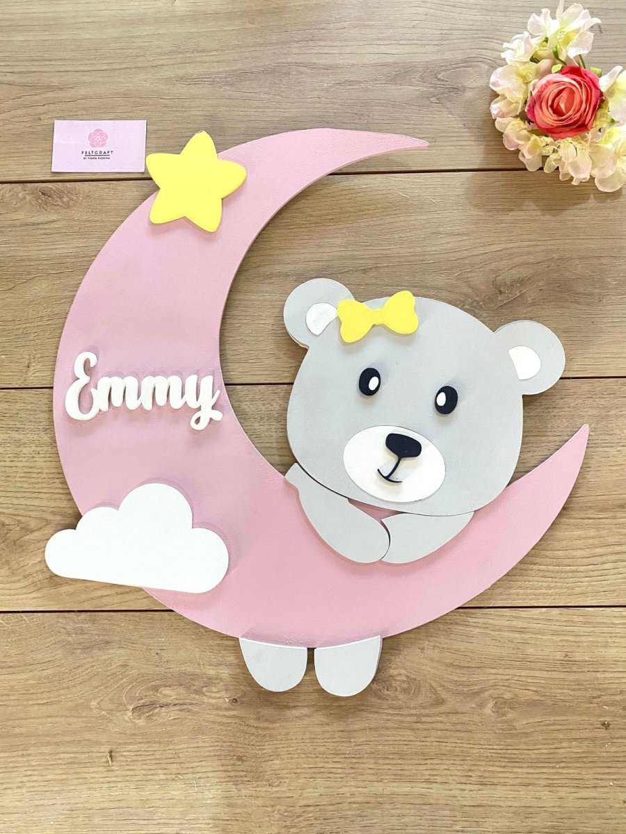 Bear moon Baby Girl Wall Hanging Nursery Decor - Felt Craft RD