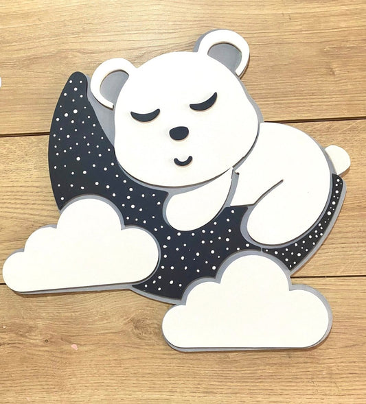 Decoración de oso con luna y nubes personalizado en madera para pared - Felt Craft RD