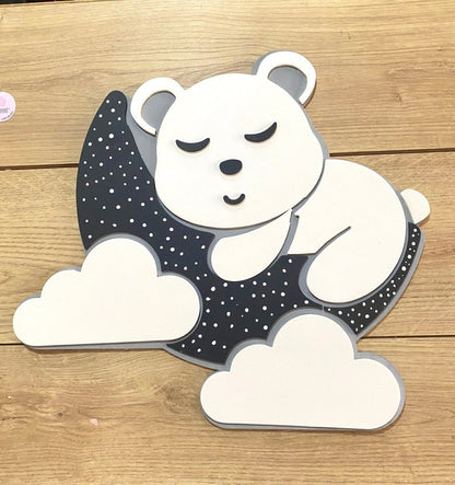 Decoración de oso con luna y nubes personalizado en madera para pared - Felt Craft RD