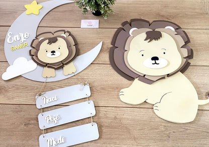 Decoración personalizada en madera para habitación de bebé con forma de león y luna - Felt Craft RD