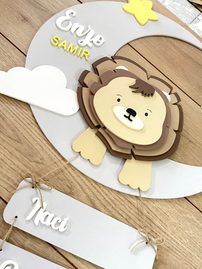 Decoración personalizada en madera para habitación de bebé con forma de león y luna - Felt Craft RD