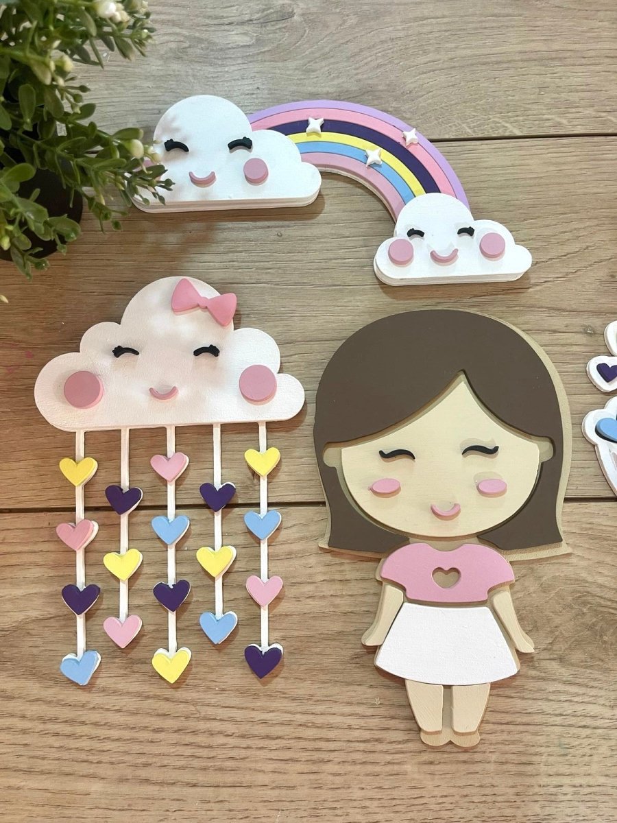 Decoración personalizada para habitación de niña en forma de nube y con muñequita - Felt Craft RD