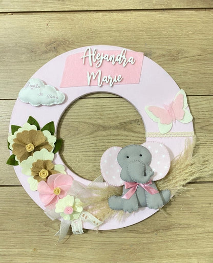 Elephant on pink crown hospital door hanger Safari nursery decor - Felt Craft RD