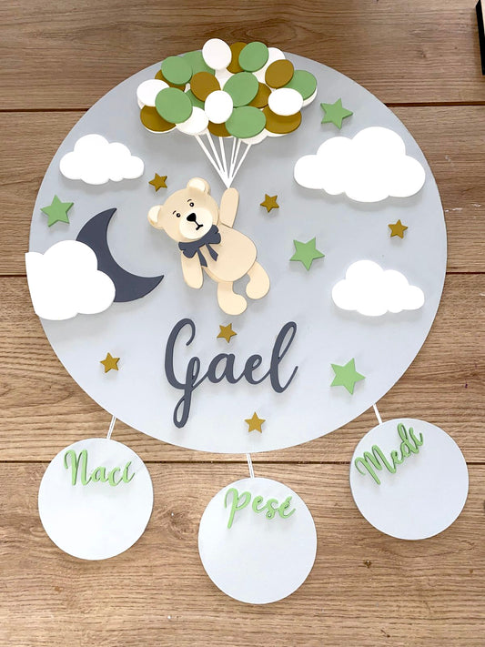 Safari nursery decor Green Globes Bear Stars Baby Boy Wall Hanging