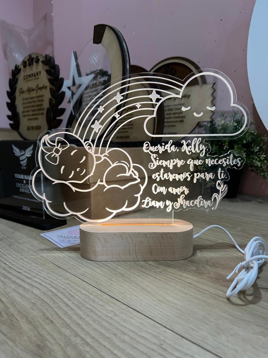 Lámpara LED de acrílico con base de madera para niños