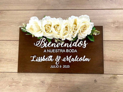 Letrero de Bienvenida para recepción de bodas personalizado de madera con flores - Felt Craft RD