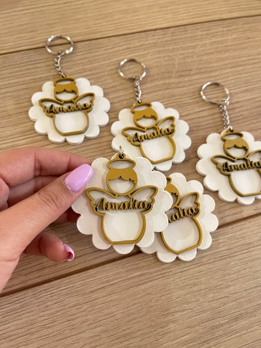 Llavero personalizado para bautizo de madera con diseño de ángel en Santo Domingo - Felt Craft RD