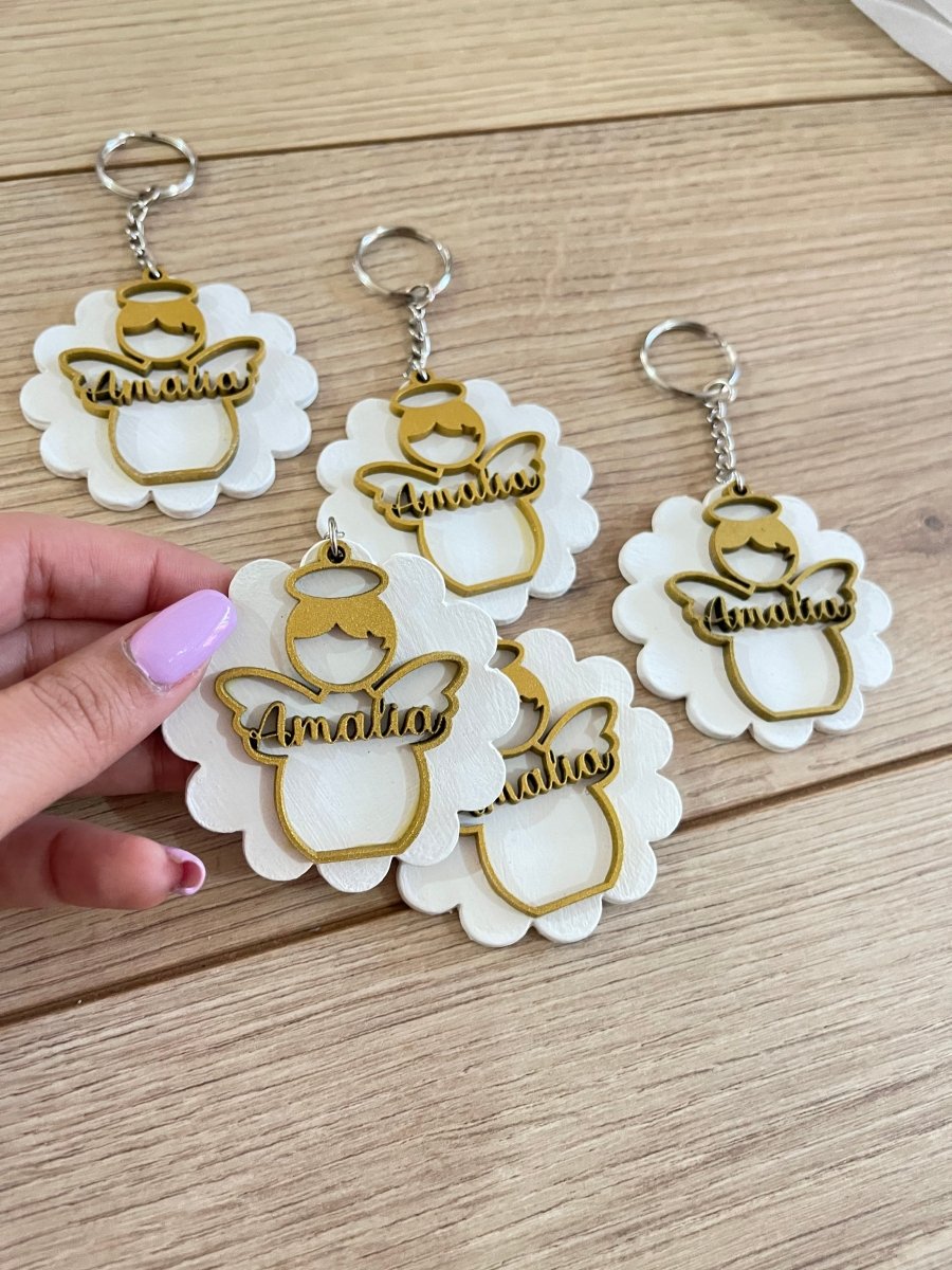 Llavero personalizado para bautizo de madera con diseño de ángel en Santo Domingo - Felt Craft RD