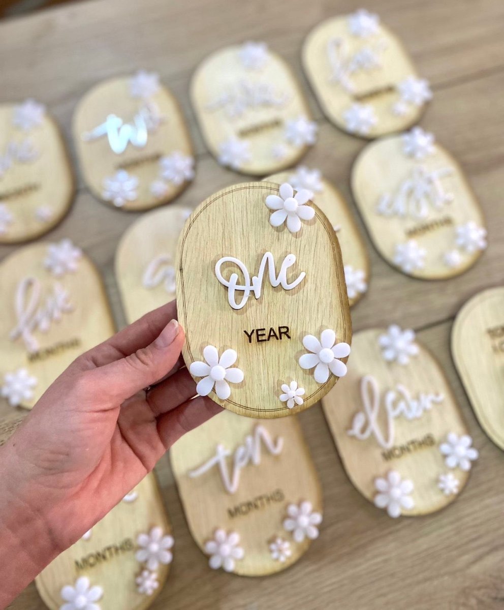 Mini flowers Tags for baby months Wood Acrylic Girl Boy - Felt Craft RD