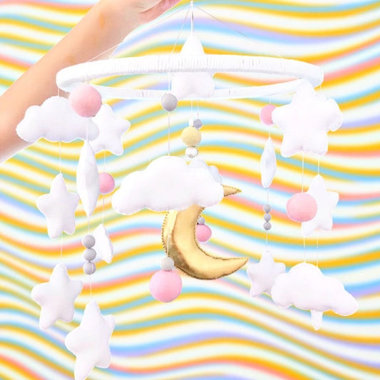 Móvil de cuna con luna y nubes de tela personalizado para decoración de bebé - Felt Craft RD