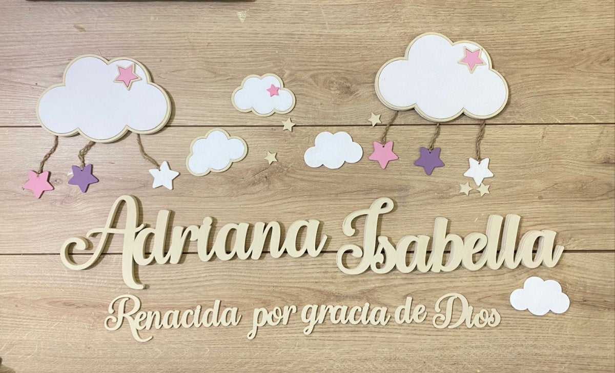 Nombre con nubes personalizado en madera para pared - Felt Craft RD