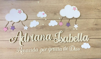 Nombre con nubes personalizado en madera para pared - Felt Craft RD