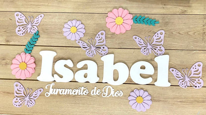 Nombre en madera con flores y mariposas personalizado para habitación de niña - Felt Craft RD