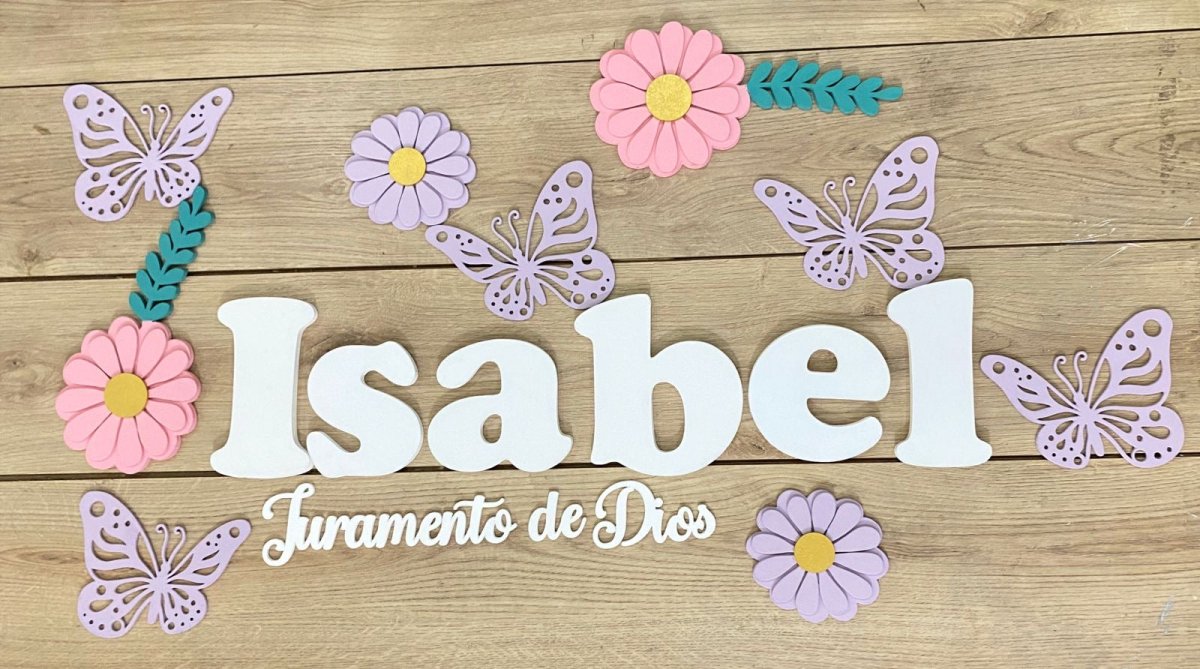 Nombre en madera con flores y mariposas personalizado para habitación de niña - Felt Craft RD