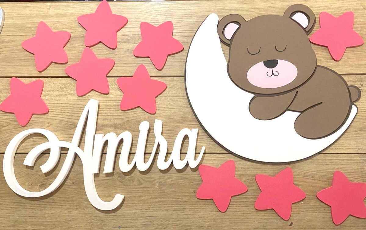 Nombre personalizado con oso, luna y estrellas para decoración de habitación de bebé - Felt Craft RD