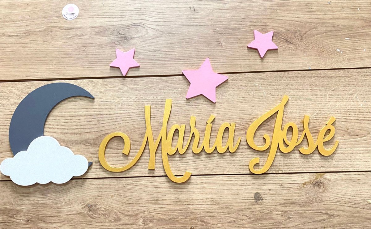 Nombre personalizado en madera con luna, nube y estrellas para habitación de bebé - Felt Craft RD