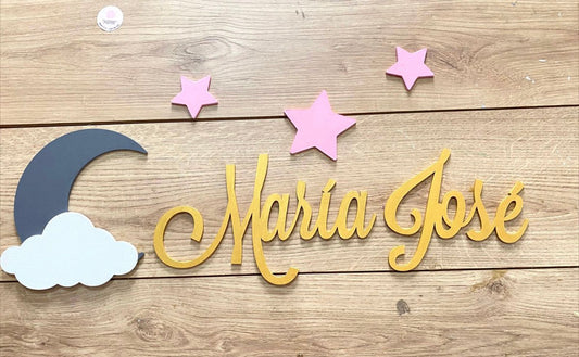 Nombre personalizado en madera con luna, nube y estrellas para habitación de bebé - Felt Craft RD