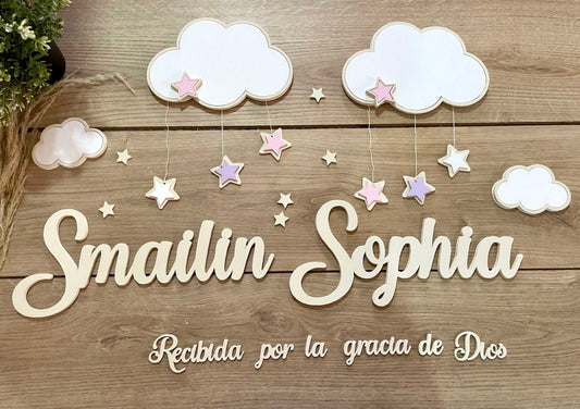 Nombre personalizado madera con nubes para habiación bebé - Felt Craft RD