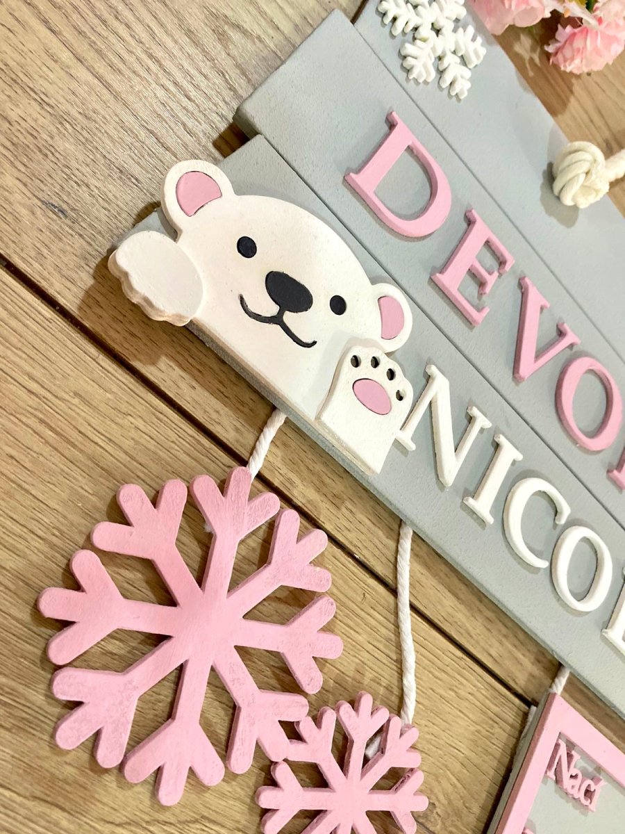 Polar Bear baby girl above crib hanger Safari nursery decor - Felt Craft RD